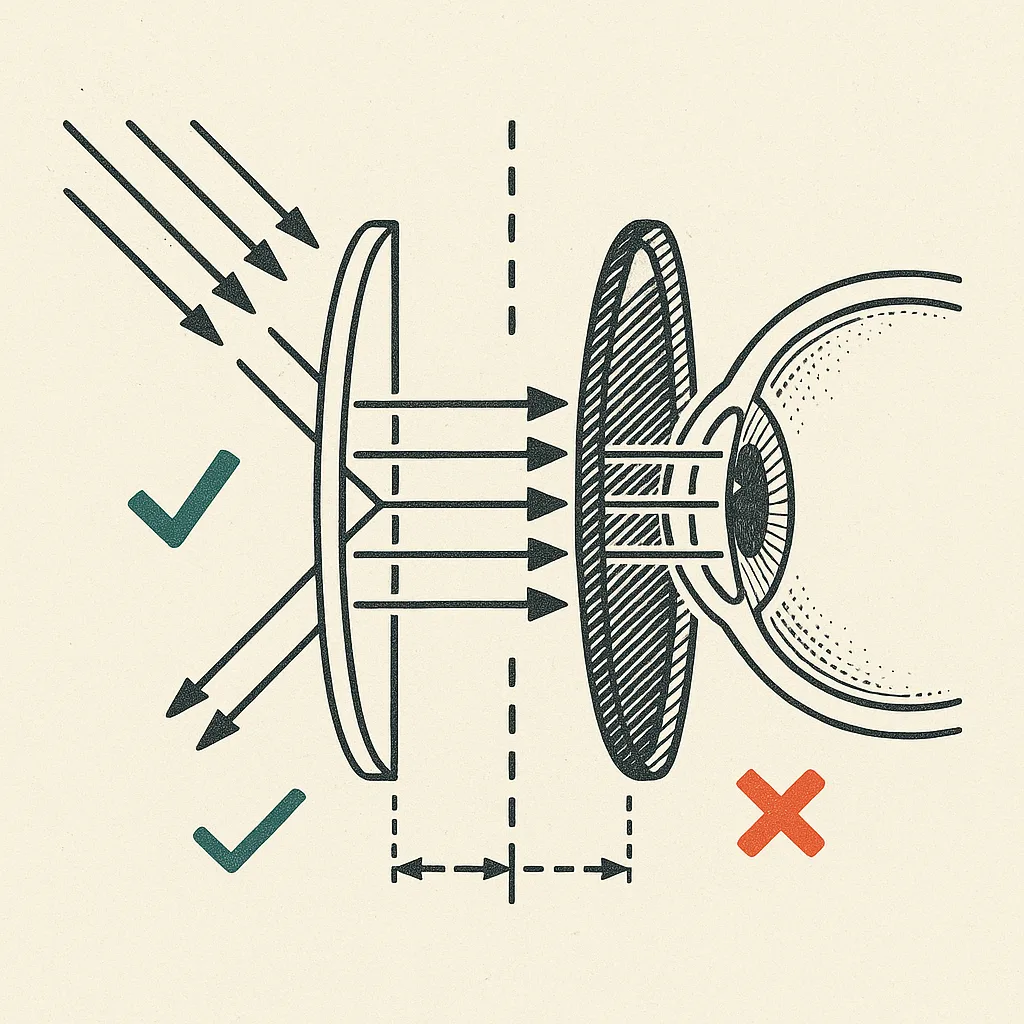 Technical line drawing of two sunglasses lenses in cross-section: on the left, arrows representing UV rays deflect off a clear lens flanked by teal check marks; on the right, the arrows pass straight through a dark hatched lens into a cross-sectioned eye with an open pupil, with an orange cross below and a dashed measurement bracket between the two lenses.