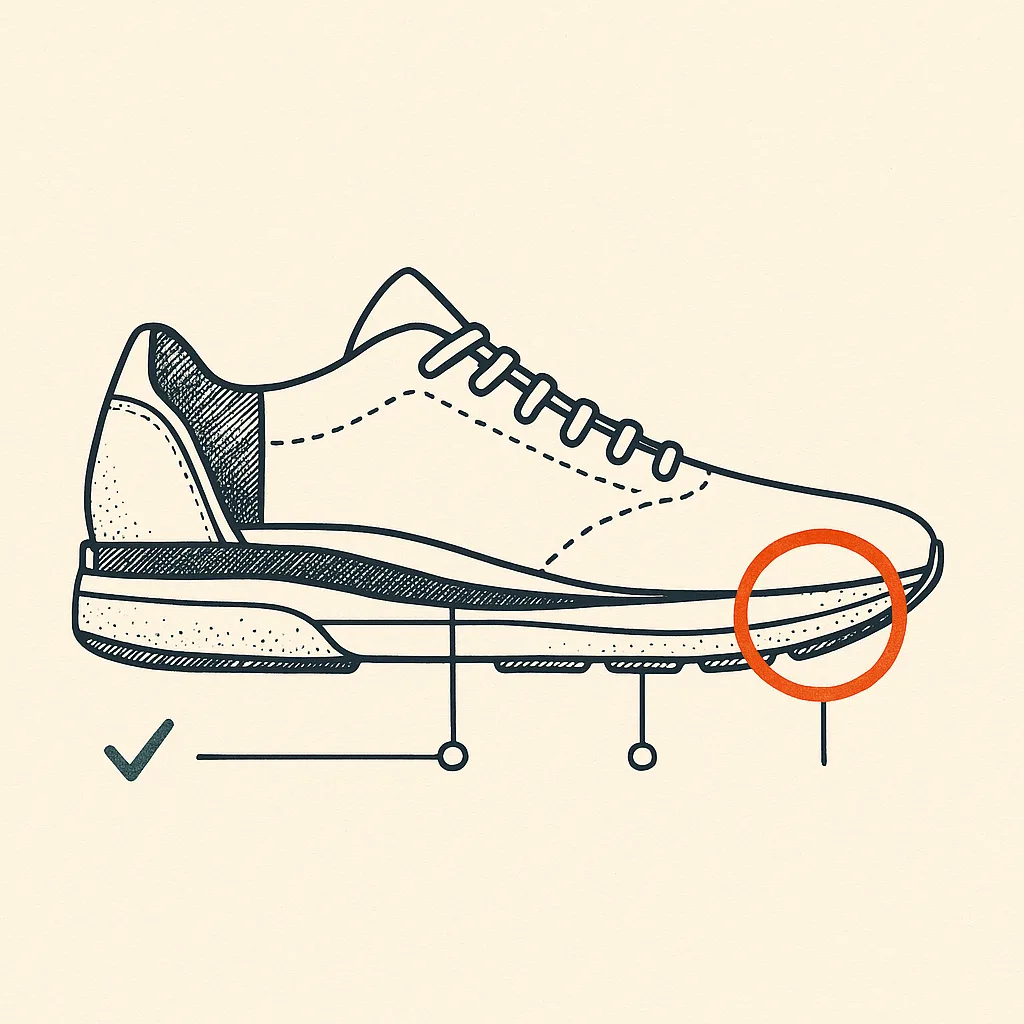 Technical line drawing of a running shoe from the inner side, its rear quarter hatched open in partial cutaway around the heel counter; leader lines drop from the heel counter, midfoot shank, and forefoot to small circle nodes, an orange ring circles the flex point under the ball of the foot, and a teal check mark sits by the heel-counter line.