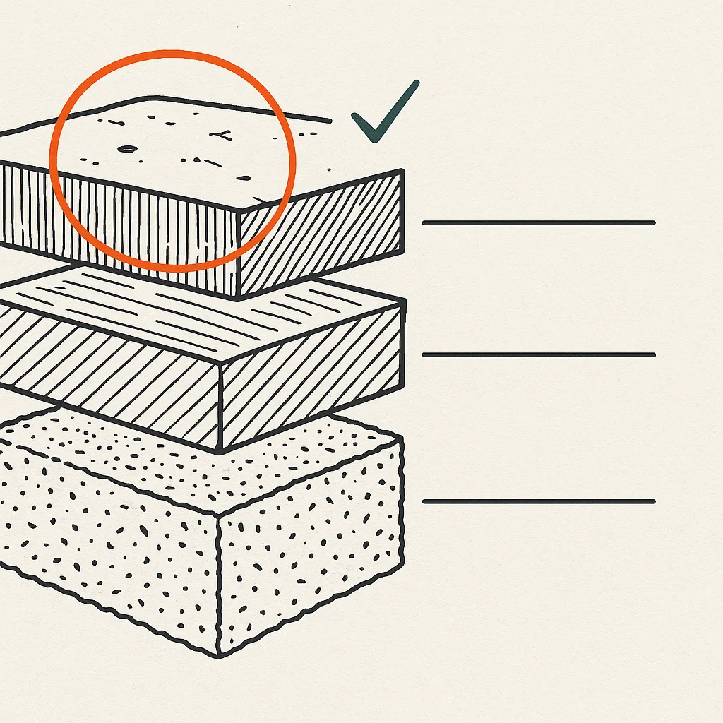 A technical cross-section of a hide drawn in ink on pale paper: three hatched strata pulled slightly apart like an exploded diagram, plain leader lines running to blank paper, an orange ring circling the thin, dense top layer where the grain lives, and a small teal check beside it.