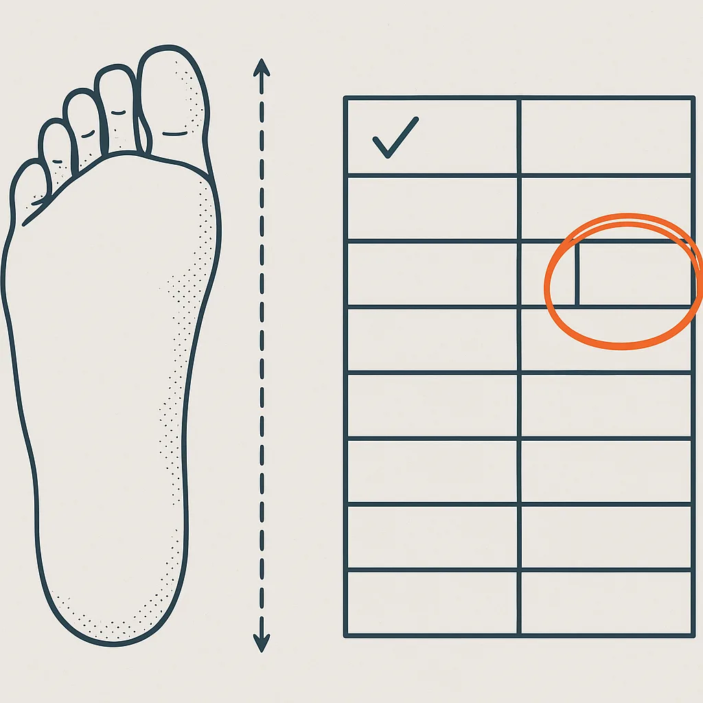 Line drawing of a traced bare-foot outline beside a two-column size-chart grid of empty cells, a dashed heel-to-toe measurement line between them, a check mark at the top of one column, and an orange ring circling the one cell where the two columns fail to line up.
