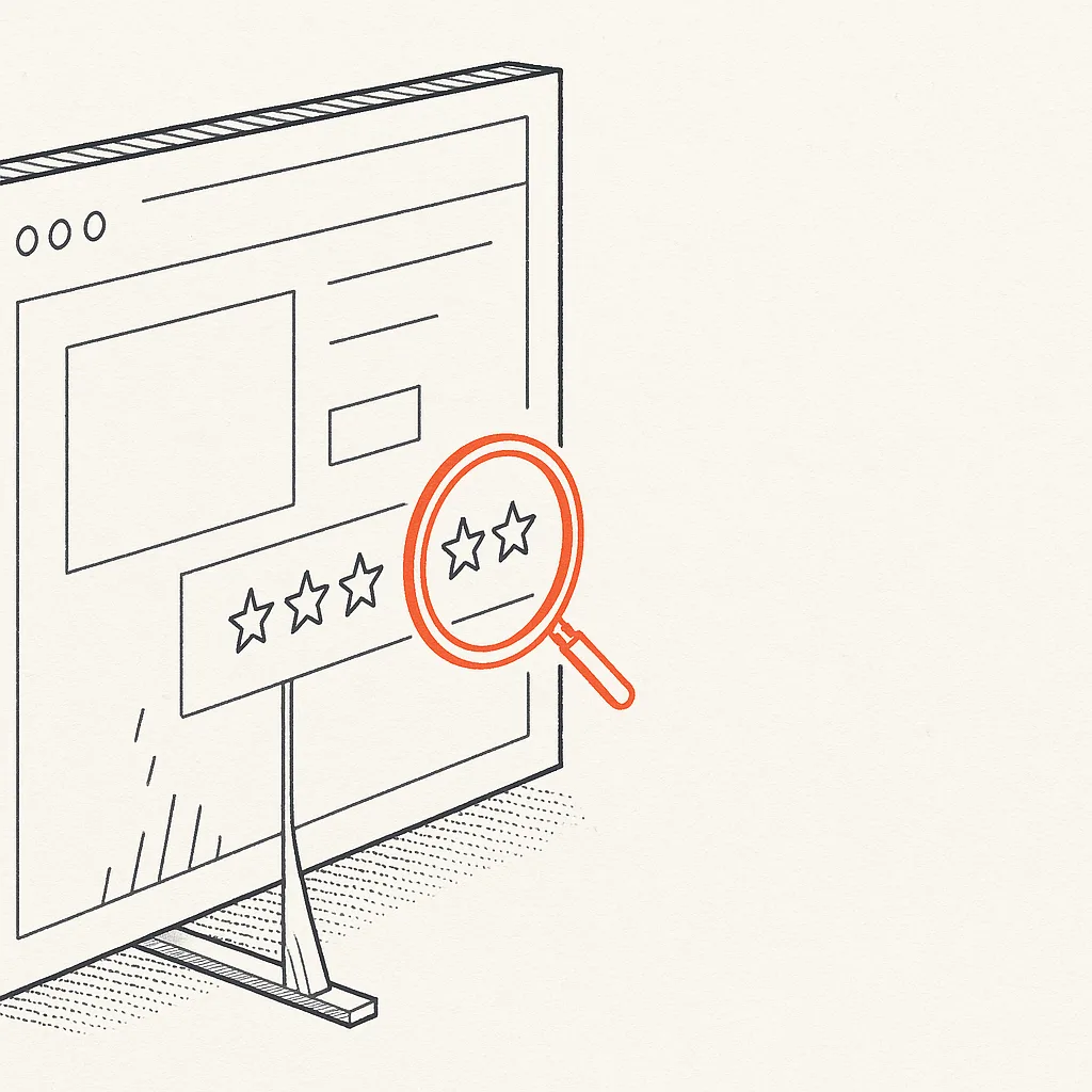 Line drawing of a browser storefront window built as a thin stage flat, held upright by a single wooden prop brace at its base, with an orange magnifier ring circling the star-rating reviews panel.