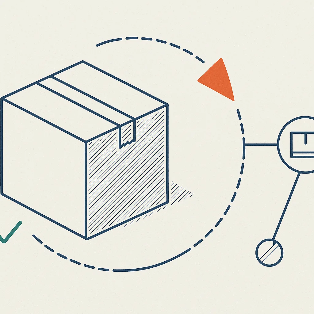 Technical line drawing of a hatched shipping box with a dashed return arrow looping from the box back on itself, an orange wedge breaking the loop where the return fails to complete, and a leader line to a circled shipping-label detail.