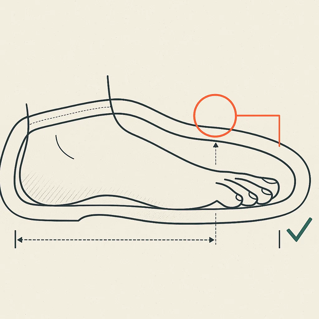 Technical line drawing of a bare foot in side profile inside the outline of a shoe, with a dashed measurement bracket running heel to longest toe beneath it, an orange ring and leader line marking the gap between the toe and the front of the shoe, and a small teal check mark at the heel.